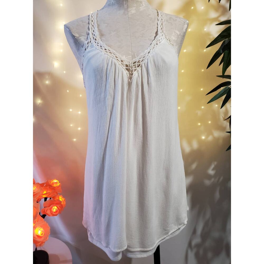 Lulu's Gauzy Racerback Crochet Semi Hi-Low Lined White Tunic Tank Women's S